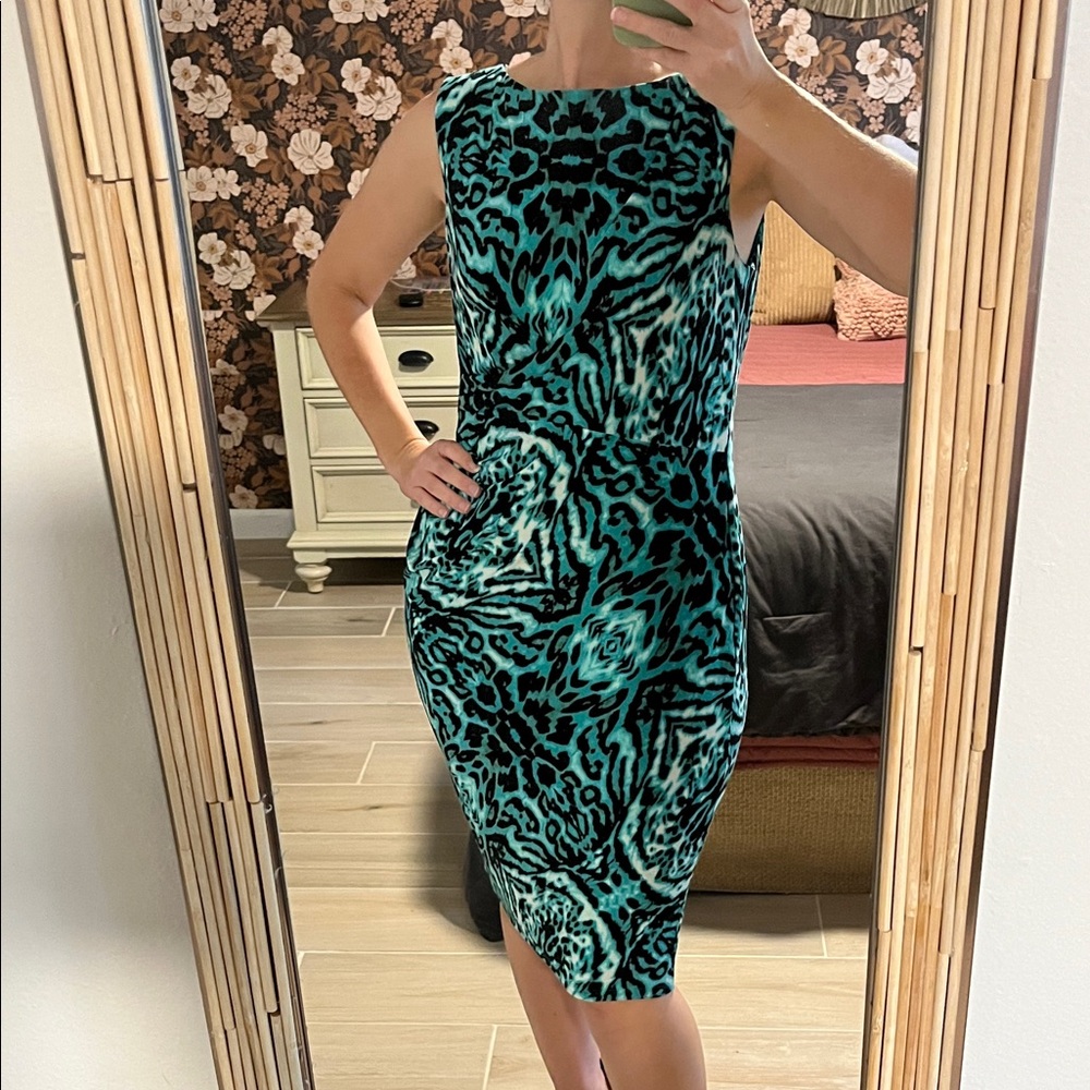 Anne Klein Teal Animal Print Midi Dress